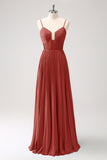 Rust A-Line Spaghetti Straps Corset Long Bridesmaid Dress