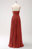 Rust A-Line Spaghetti Straps Corset Long Bridesmaid Dress