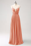 Rust A-Line Spaghetti Straps Corset Long Bridesmaid Dress