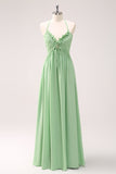 Light Green A Line Halter Backless Lace Up Chiffon Bridesmaid Dress