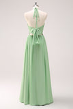 Light Green A Line Halter Backless Lace Up Chiffon Bridesmaid Dress