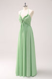 Light Green A Line Halter Backless Lace Up Chiffon Bridesmaid Dress