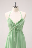 Light Green A Line Halter Backless Lace Up Chiffon Bridesmaid Dress