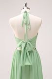 Light Green A Line Halter Backless Lace Up Chiffon Bridesmaid Dress