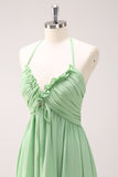 Light Green A Line Halter Backless Lace Up Chiffon Bridesmaid Dress