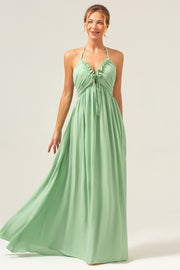 Light Green A Line Halter Ruched Chiffon Bridesmaid Dress with Lace Up