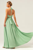 Light Green A Line Halter Backless Lace Up Chiffon Bridesmaid Dress