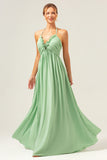 Light Green A Line Halter Ruched Chiffon Bridesmaid Dress with Lace Up