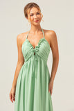 Light Green A Line Halter Ruched Chiffon Bridesmaid Dress with Lace Up