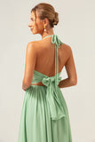 Light Green A Line Halter Ruched Chiffon Bridesmaid Dress with Lace Up