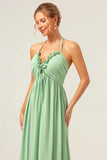 Light Green A Line Halter Ruched Chiffon Bridesmaid Dress with Lace Up