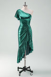 Dark Green Metallic One Shoulder Mermaid Asymmetircal Cocktail Dress with Ruffles