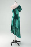 Dark Green Metallic One Shoulder Mermaid Asymmetircal Cocktail Dress with Ruffles