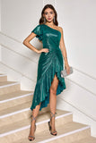 Dark Green Metallic One Shoulder Mermaid Asymmetircal Cocktail Dress with Ruffles