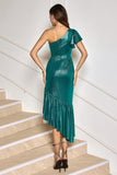 Dark Green Metallic One Shoulder Mermaid Asymmetircal Cocktail Dress with Ruffles