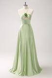 Light Green A-Line Halter Keyhole Flower Satin Bridesmaid Dress