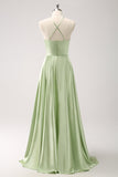 Light Green A-Line Halter Keyhole Flower Satin Bridesmaid Dress