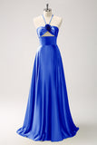 Royal Blue A-Line Hollow Out Halter Long Bridesmaid Dress with Flower