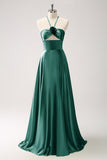 Light Green A-Line Halter Hollow Out Satin Bridesmaid Dress with Flower