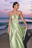 Light Green A-Line Halter Keyhole Flower Satin Bridesmaid Dress