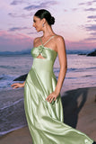 Light Green A-Line Halter Keyhole Flower Satin Bridesmaid Dress