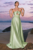 Light Green A-Line Halter Keyhole Flower Satin Bridesmaid Dress