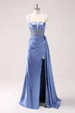 Blue Spaghetti Straps Corset Pleated Mermaid Prom Dress with Slit