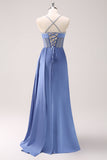 Blue Spaghetti Straps Corset Pleated Mermaid Prom Dress with Slit