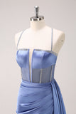 Sparkly Blue Spaghetti Straps Corset Prom Dress with Lace-Up Back