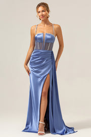 Blue Spaghetti Straps Corset Pleated Mermaid Prom Dress with Slit