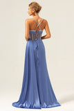 Blue Spaghetti Straps Corset Pleated Mermaid Prom Dress with Slit