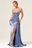 Blue Spaghetti Straps Corset Pleated Mermaid Prom Dress with Slit