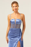 Blue Spaghetti Straps Corset Pleated Mermaid Prom Dress with Slit