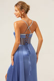 Blue Spaghetti Straps Corset Pleated Mermaid Prom Dress with Slit