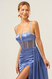 Blue Spaghetti Straps Corset Pleated Mermaid Prom Dress with Slit