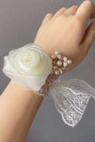 Apricot Pearl Wrist Corsage with Lace Ribbon