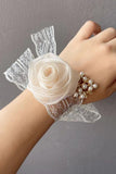 Apricot Pearl Wrist Corsage with Lace Ribbon