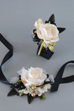 Luxury Black White Wrist Corsage and Men's Boutonniere Set