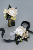 Luxury Black White Wrist Corsage and Men's Boutonniere Set