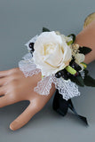 Luxury Black White Wrist Corsage and Men's Boutonniere Set