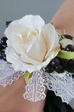 Luxury Black White Wrist Corsage and Men's Boutonniere Set