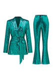 Glitter Green Notched Lapel Sequins Fitted Women Suits