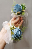 Blue Wrist Corsage with Pearl and Men's Boutonniere with Ribbon