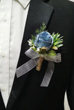 Blue Wrist Corsage with Pearl and Men's Boutonniere with Ribbon