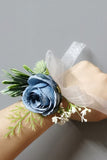 Blue Wrist Corsage with Pearl and Men's Boutonniere with Ribbon