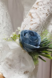 Blue Wrist Corsage with Pearl and Men's Boutonniere with Ribbon