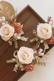 Romantic Apricot Wrist Corsage and Men's Boutonniere Set for Wedding Party