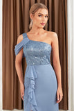 Grey Blue One Shoulder Ruffles Chiffon Bridesmaid Dress with Slit