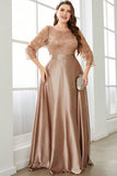 Champagne 3/4 Sleeves Printed Satin A Line Plus Size Bridesmaid Dress