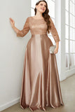 Champagne 3/4 Sleeves Printed Satin A Line Plus Size Bridesmaid Dress